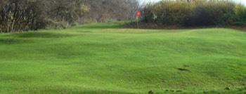  5 - Par 3 - 105 m  Départ en hauteur, étang de face Petit bois et route à gauche, bunkers et green surélevé.  